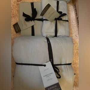 NWT West Elm Belgian Linen King Duvet Light Blue Euro Sham Cooling Light Weight